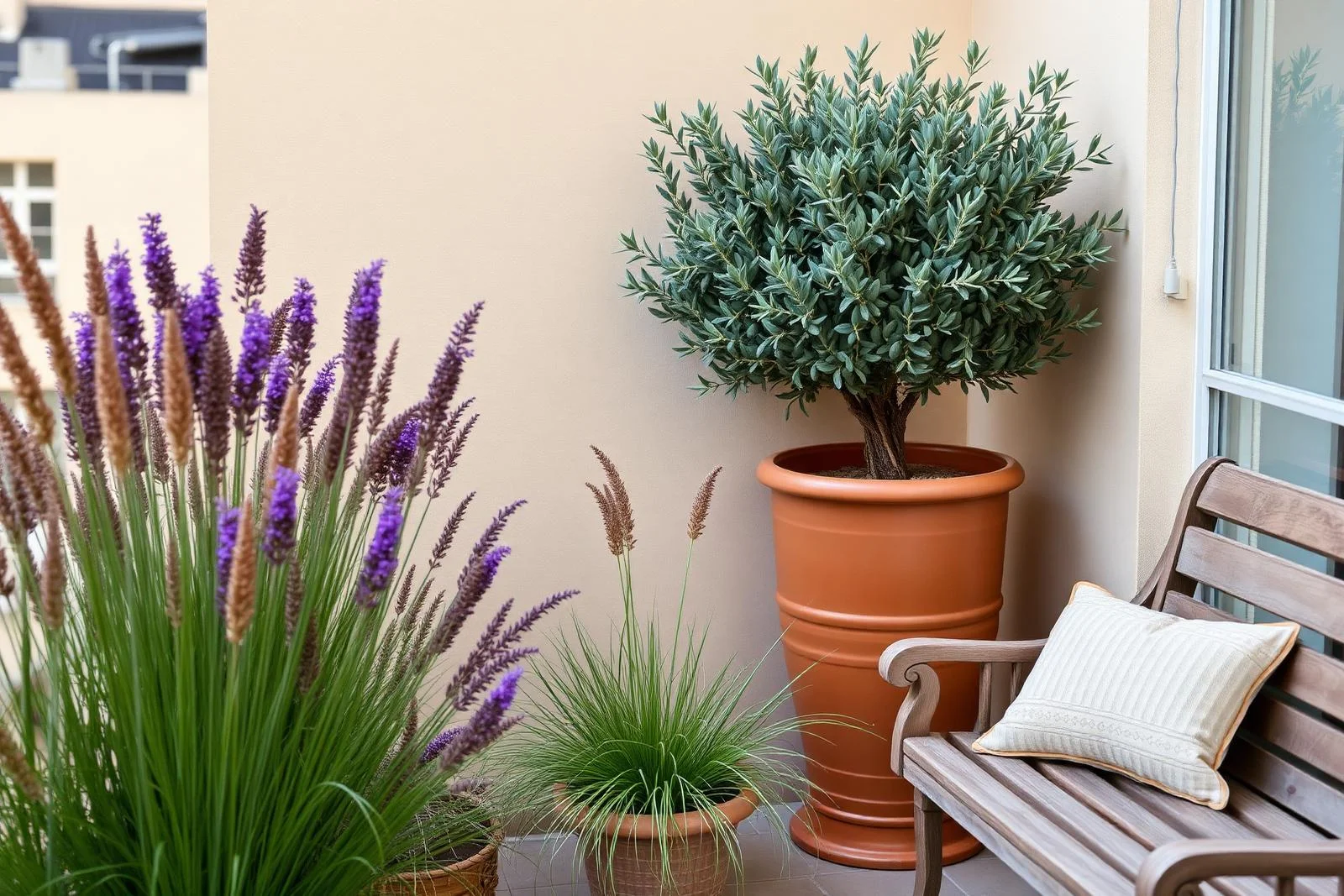 Grosse balkone – Olivenbaum, Lavendel und Gräser in Terrakotta-Kübeln