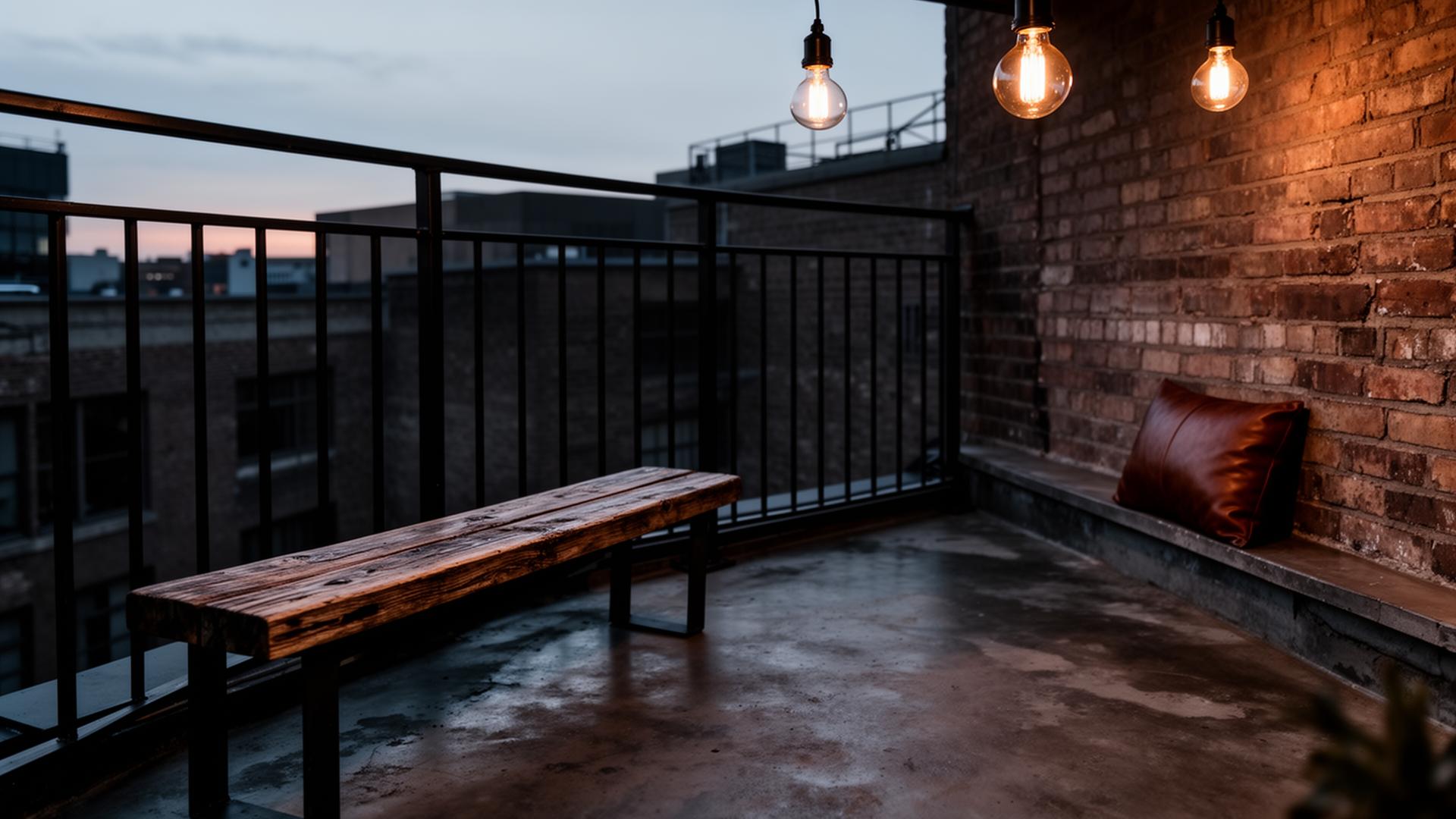 Industrial Balkon mit Beton, schwarzem Stahl, Holzbank und Edison-Lampen