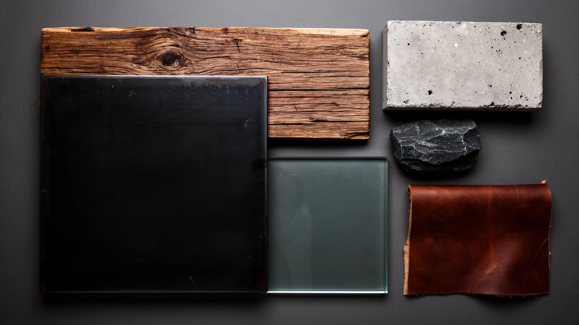 Industrial Materialien: Stahl, gealtertes Holz, Beton, Stein, Glas und Leder