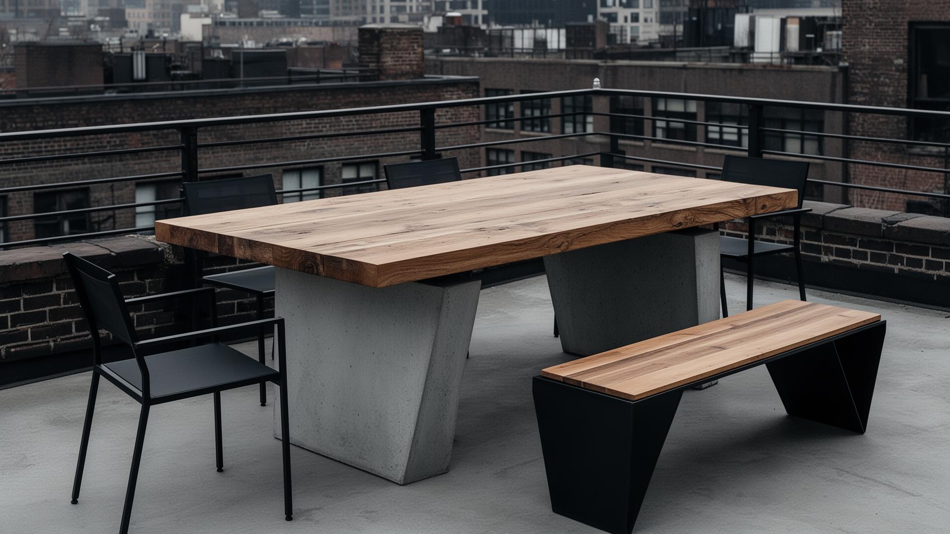 Industrial Möbel: massiver Holztisch mit Betonfuß und schlanke schwarze Metallstühle