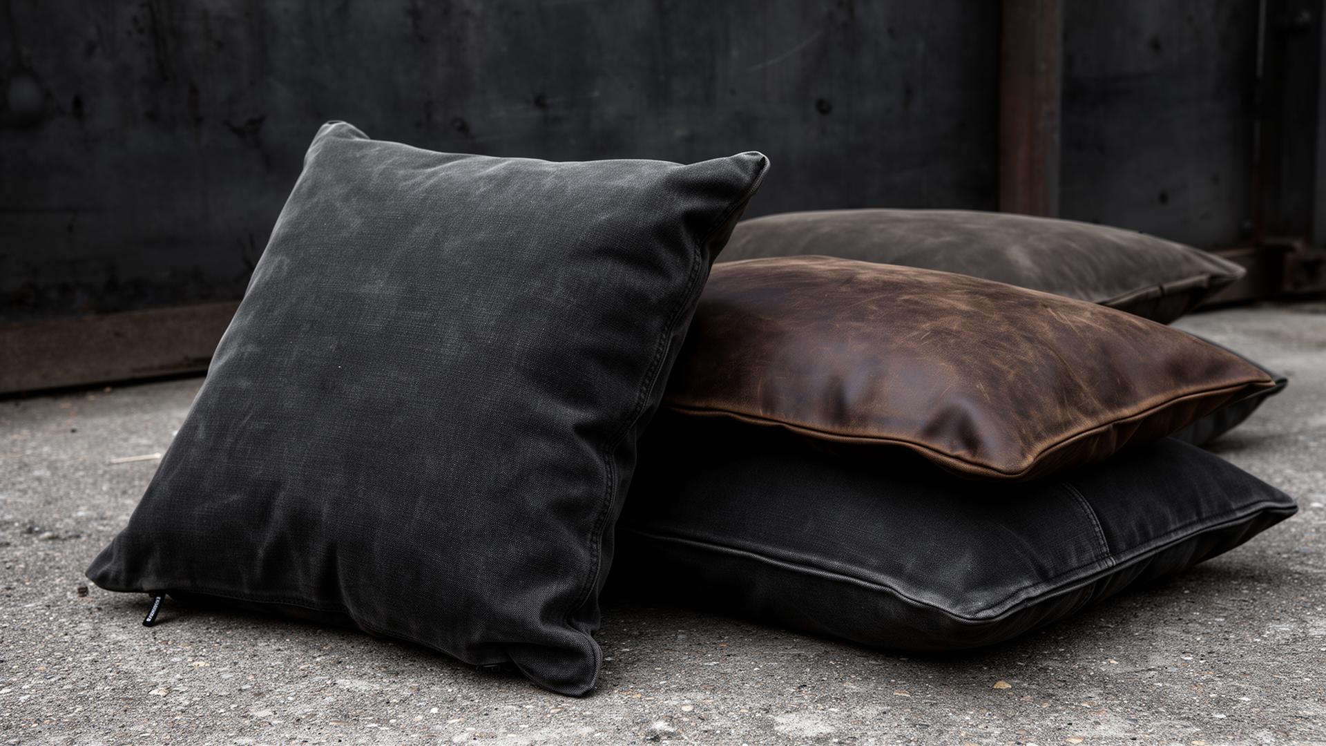 Industrial Polster: robuste Canvas-Kissen in Anthrazit und Lederkissen in Braun