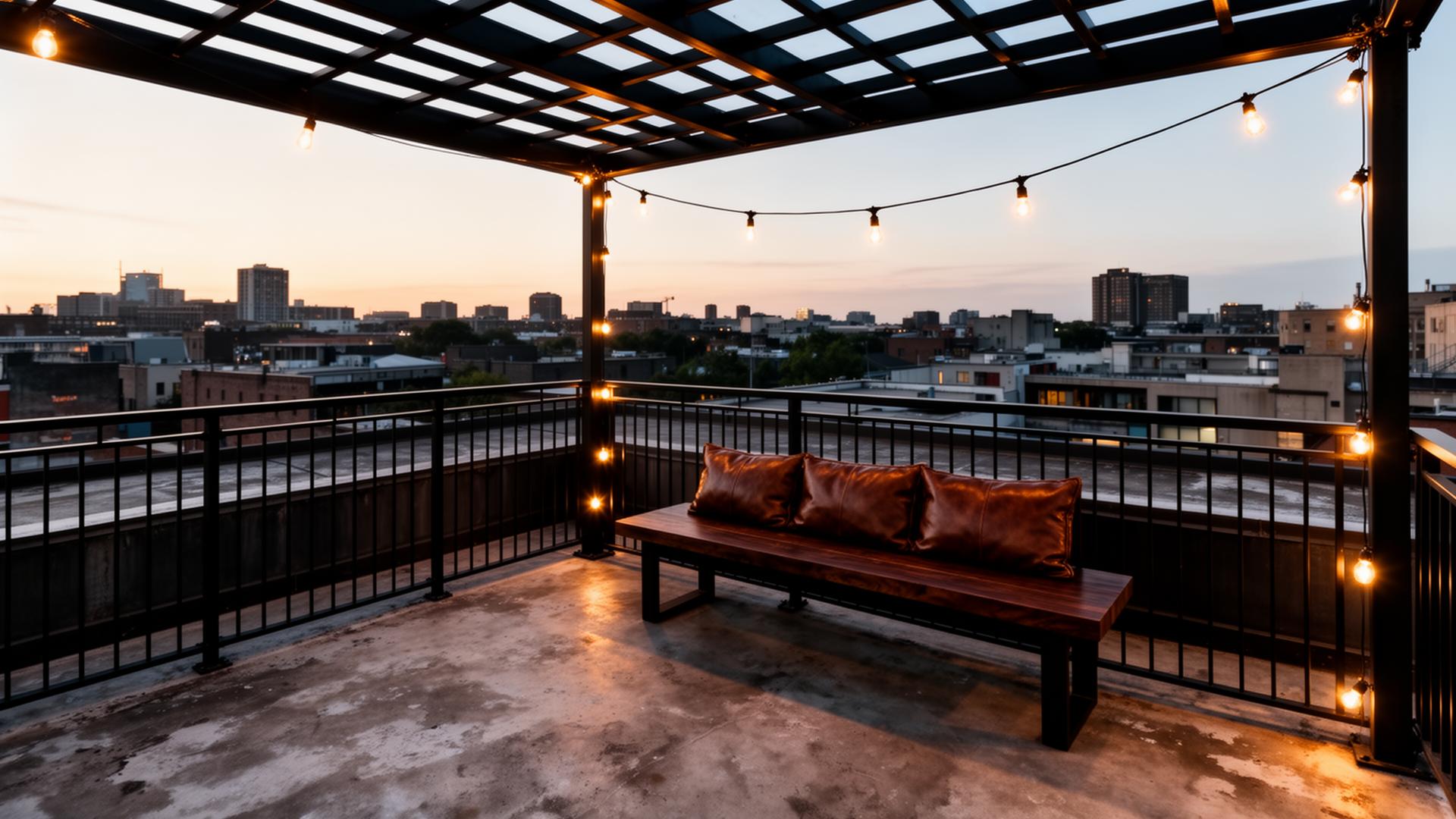 Industrial Balkon in der Dämmerung — wie ein modernes Loft im Freien