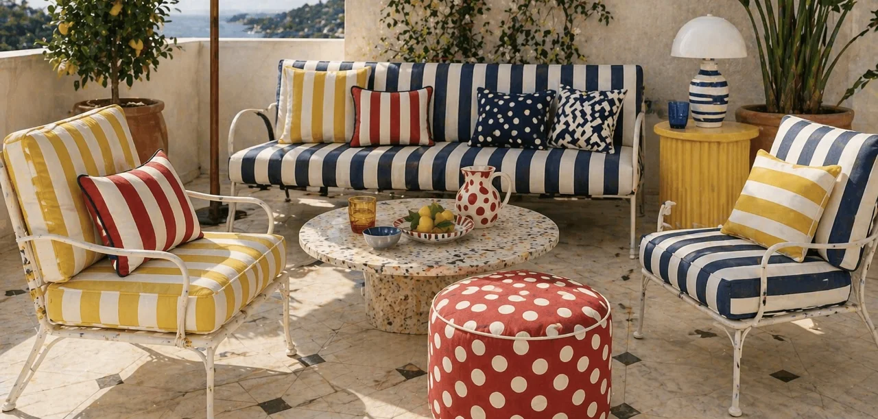 Italian Retro Balkon mit gestreiften Polstern, weißem Metall-Bistrotisch und Terrazzo