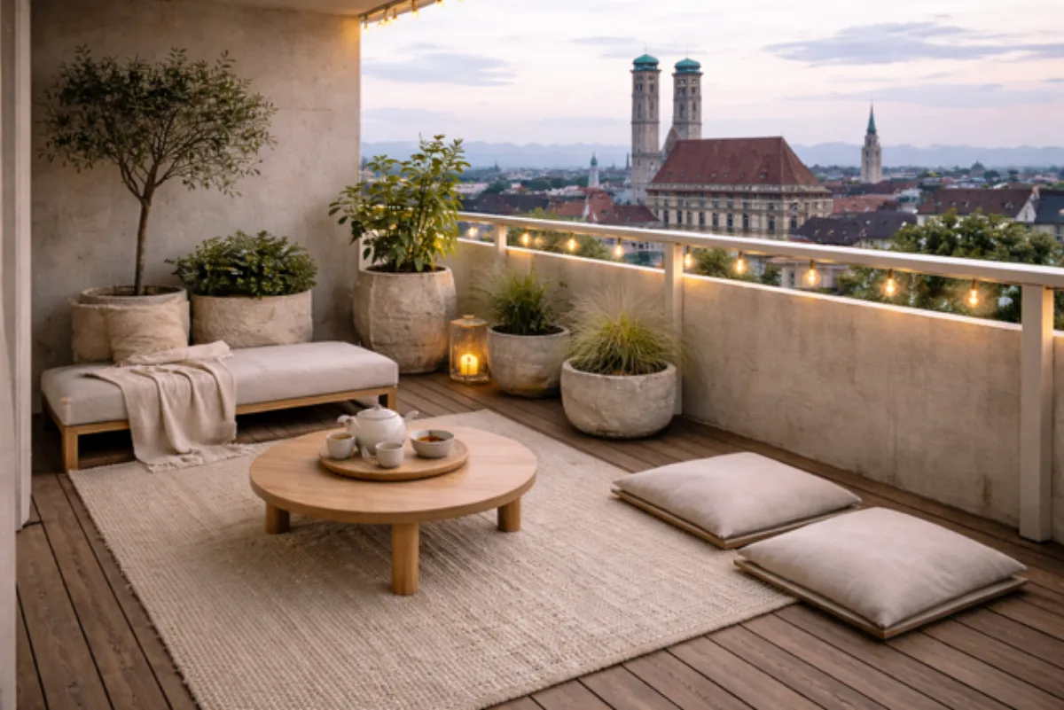 Japandi-Balkon mit niedrigem Holztisch, Bodenkissen und Stadtpanorama