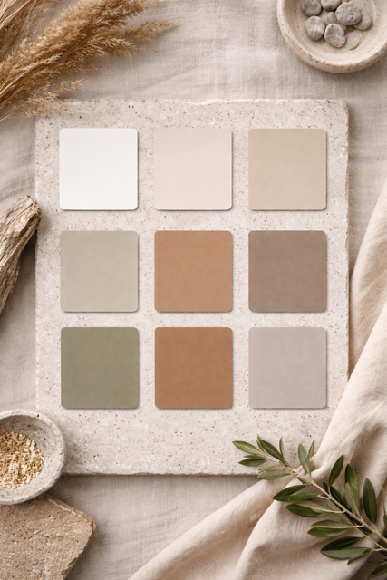 Japandi Farbpalette mit Beige, Creme, Greige und erdigen Tönen