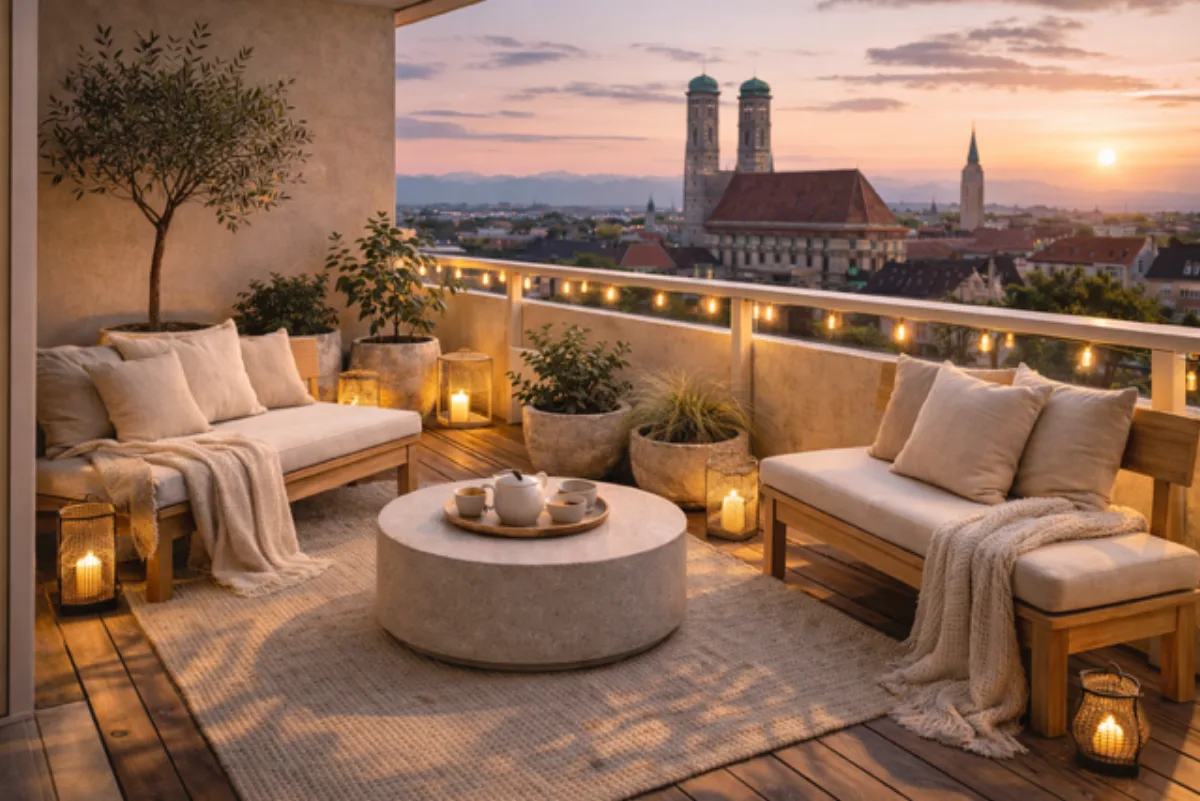 Japandi-Balkon bei Sonnenuntergang mit Kerzen, Laternen und warmem Licht
