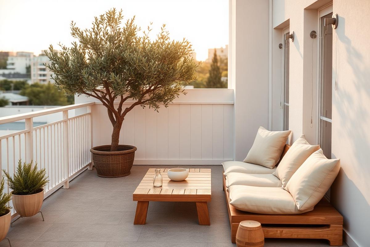 Japandi-Balkon mit Holzmöbeln, Leinenkissen und einem Olivenbaum