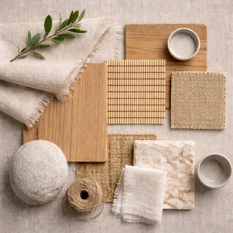 Japandi Materialpalette mit Holz, Leinen, Keramik und Naturstein