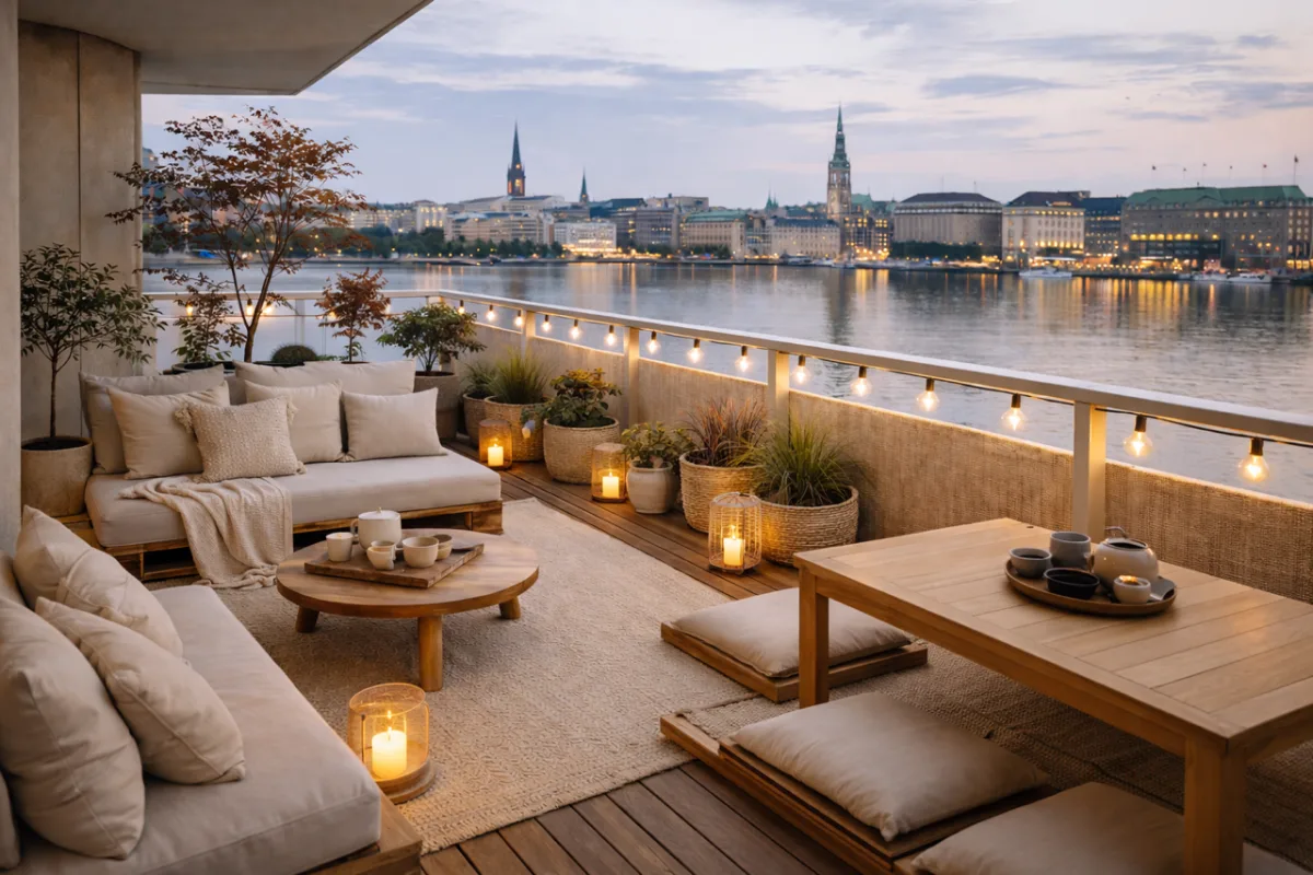 Japandi-Balkon mit niedrigen Möbeln, Laternen und warmem Abendlicht am Wasser