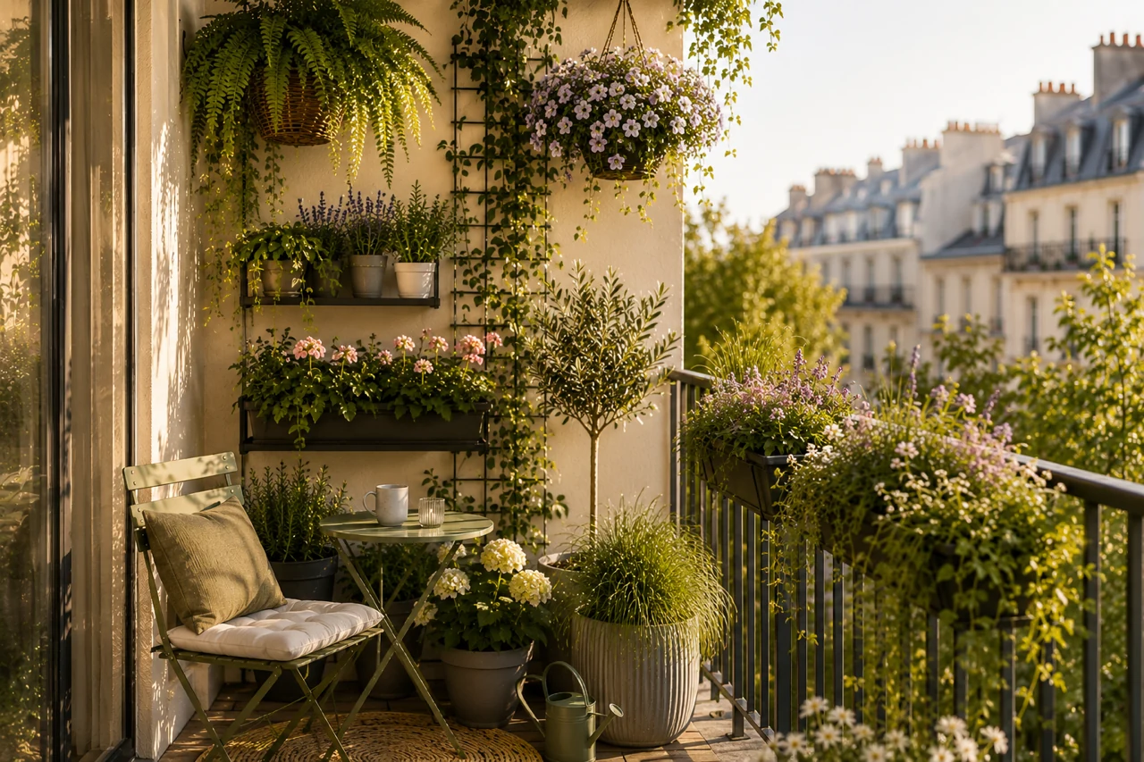 Durchdachtes Pflanzen-Arrangement auf einem kleinen Balkon