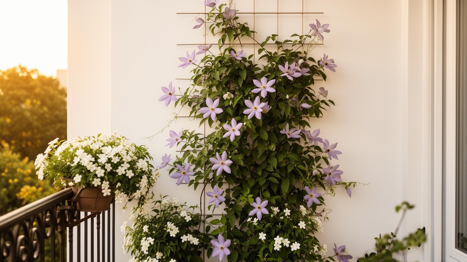 Kleiner balkon – Clematis und Sternjasmin am Spalier