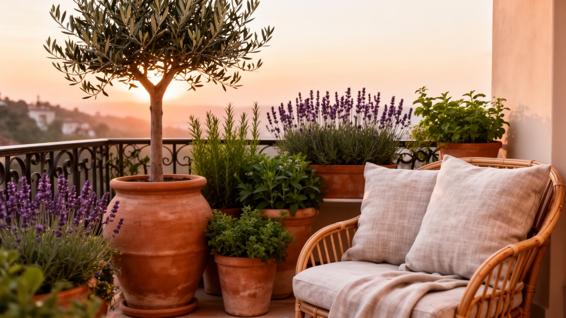 Mediterranes Balkon-Arrangement mit Olivenbaum, Lavendel und Leinen-Kissen im Sonnenuntergang
