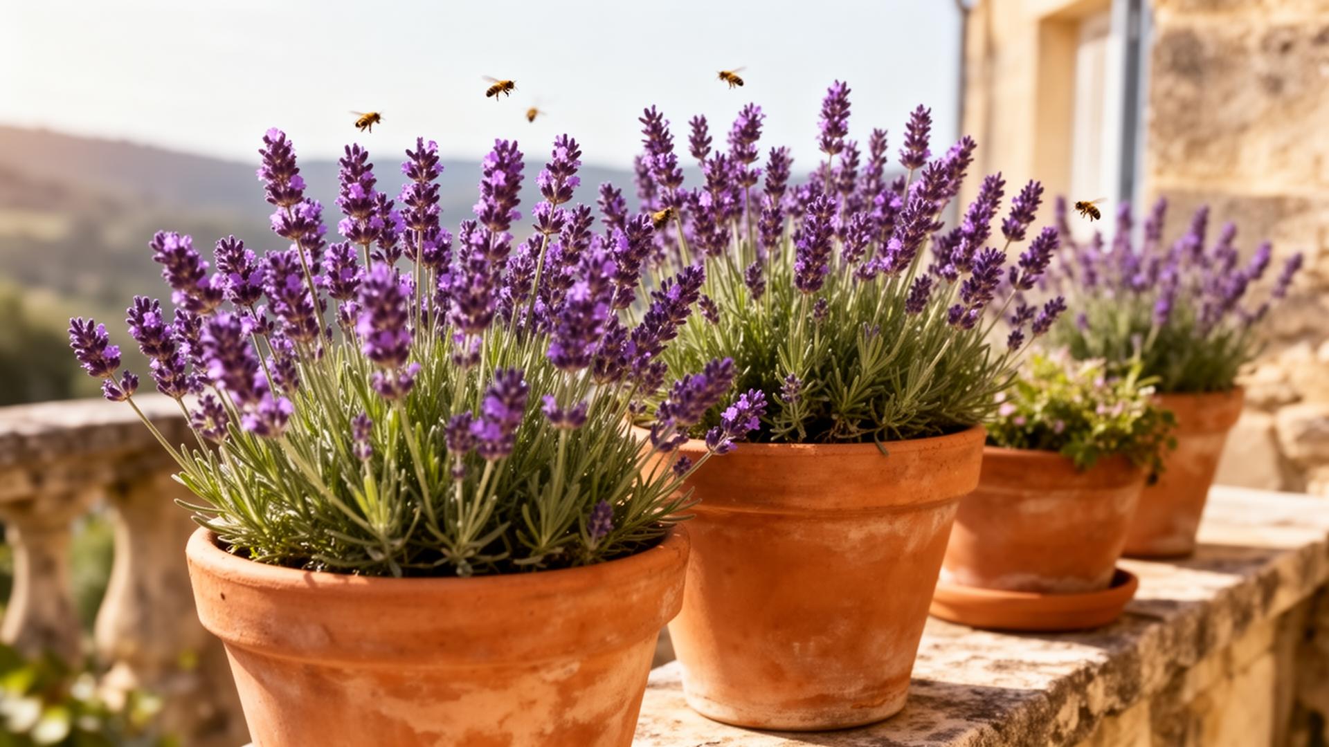 Mediterrane balkonpflanzen – Blühender Lavendel in Terrakotta-Töpfen auf einem Steinbalkon
