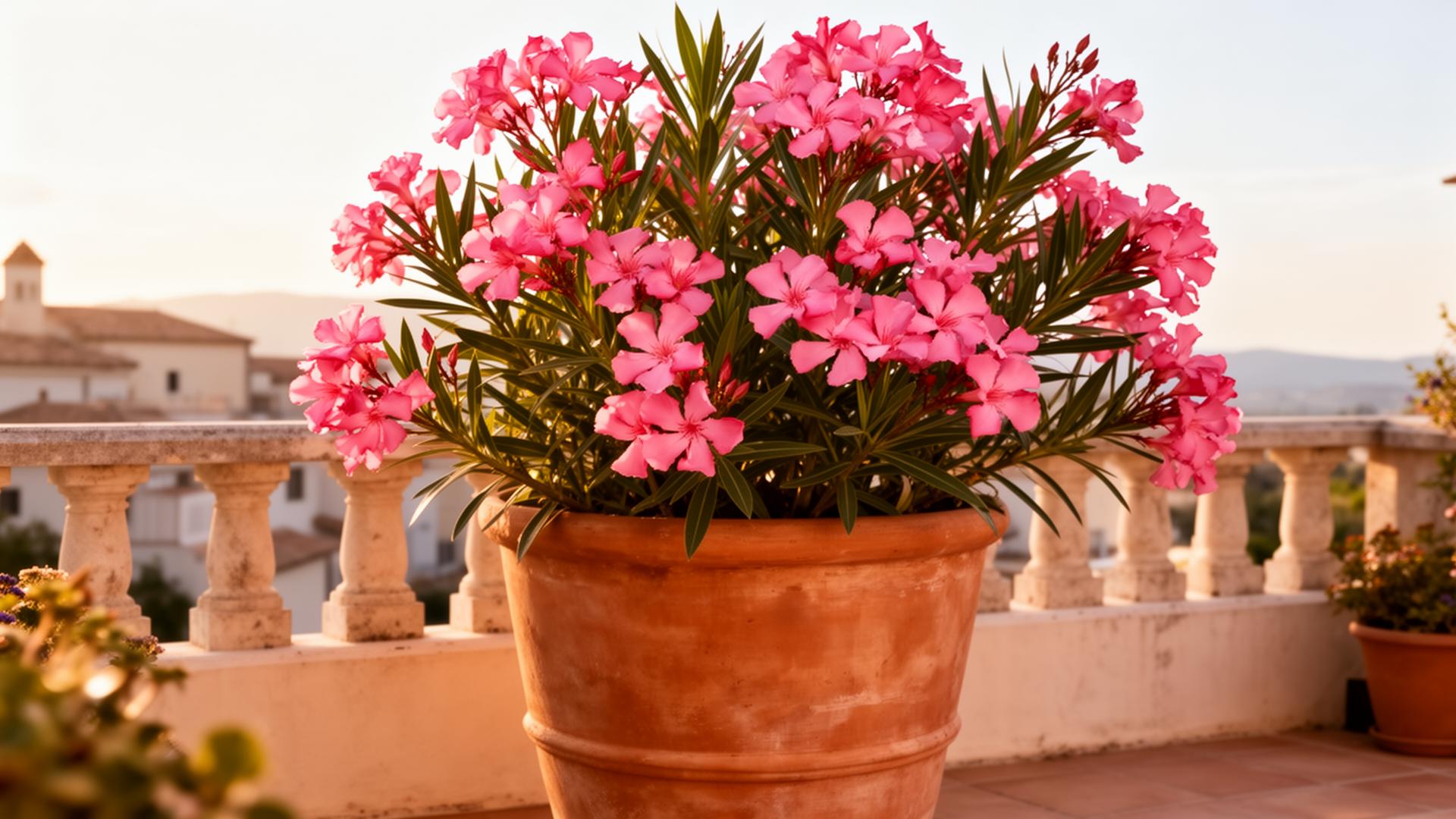 Pink blühender Oleander in großem Terrakotta-Topf auf mediterraner Terrasse