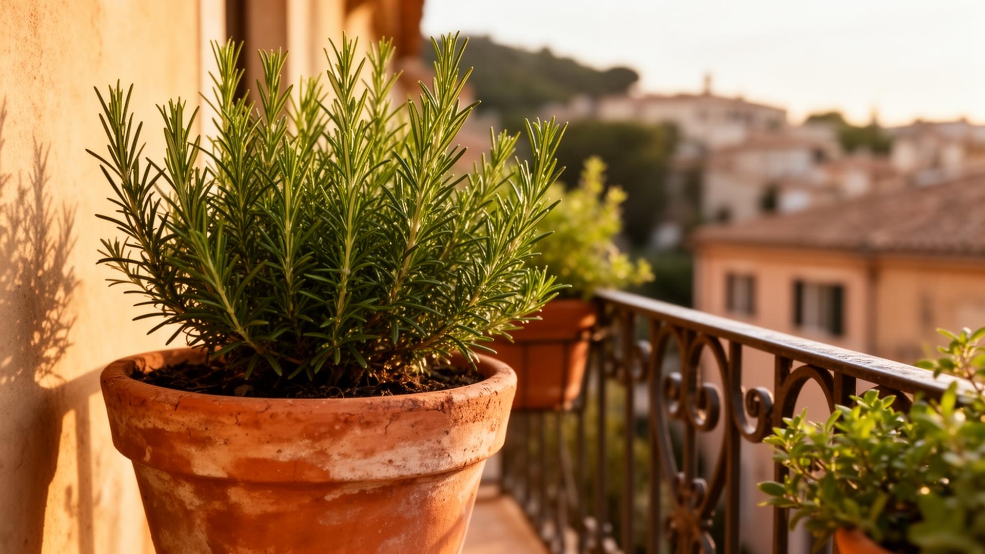 Rosmarin in rustikalem Terrakotta-Topf auf einem mediterranen Balkon