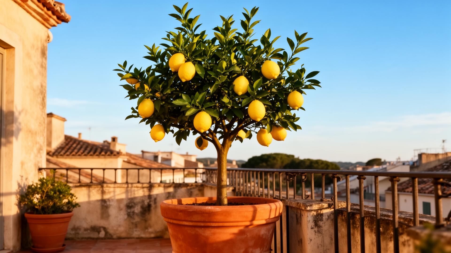 Mediterrane balkonpflanzen – Zitronenbaum mit reifen Früchten in Terrakotta-Topf auf einem Balkon