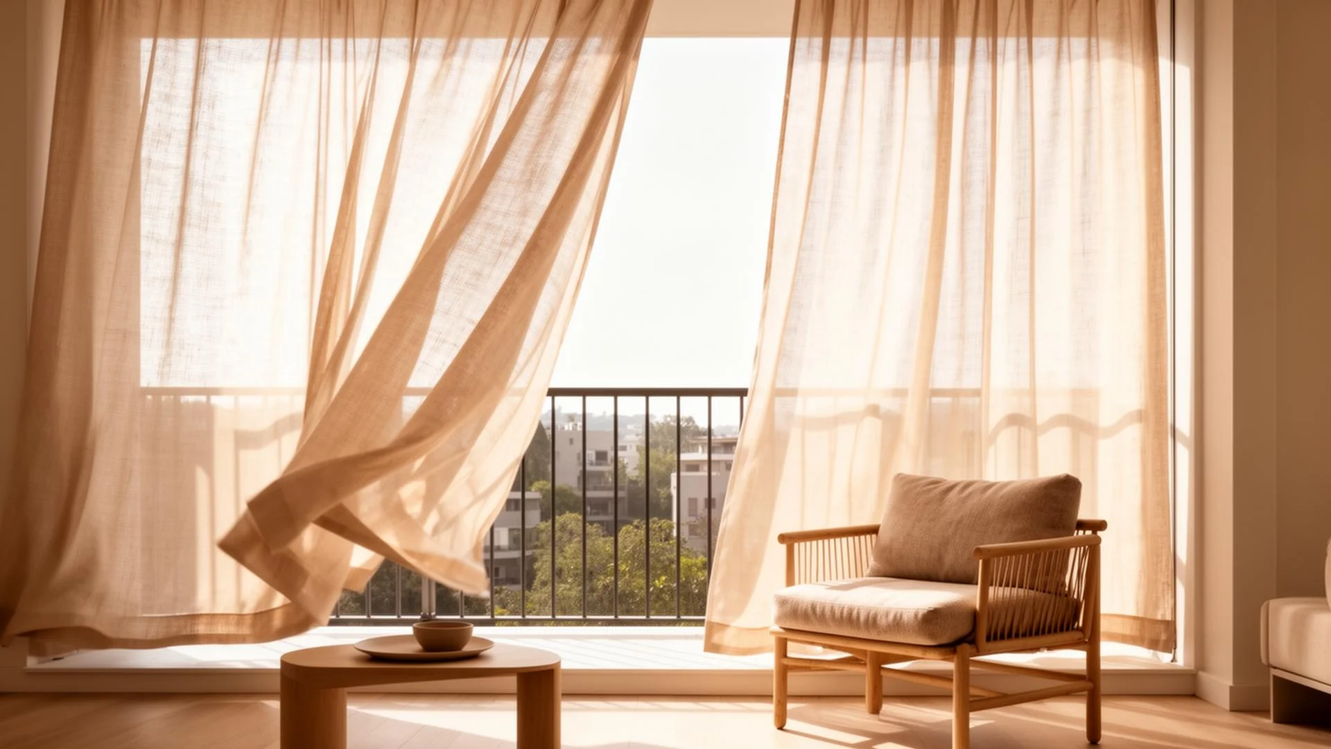 Leichte Outdoor-Vorhänge aus Leinen wehen sanft im Wind auf dem Balkon