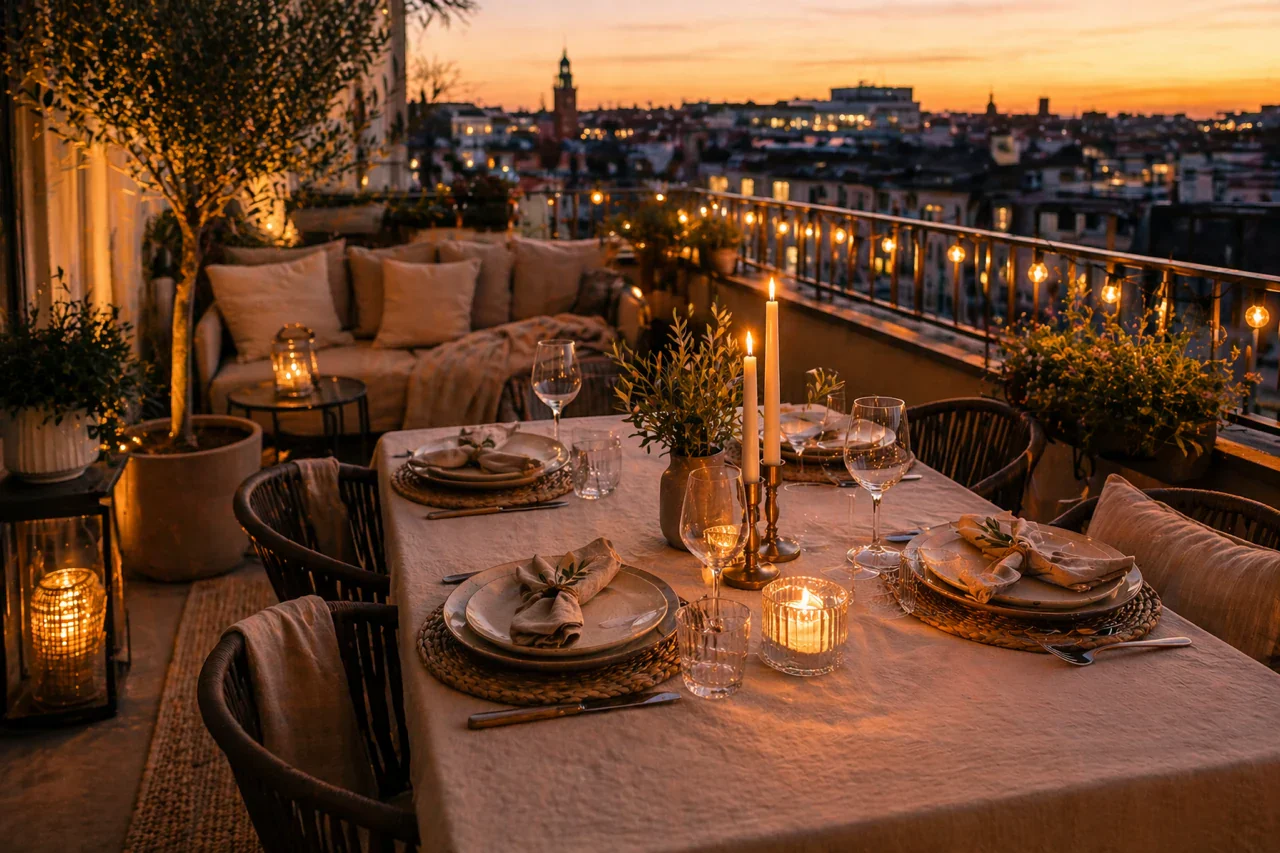 Gemütlicher Balkon mit Kissen, Kerzen und warmen Lichterketten am Abend