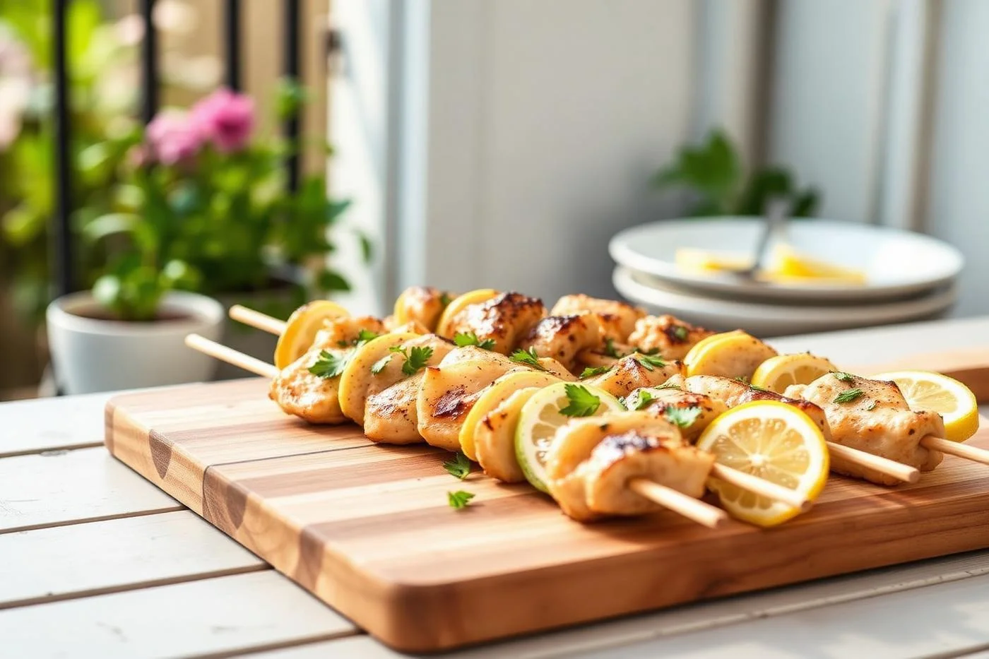 Mein perfektes – Zitronen-Hähnchen-Spieße mit Kräutern auf einem Holzbrett