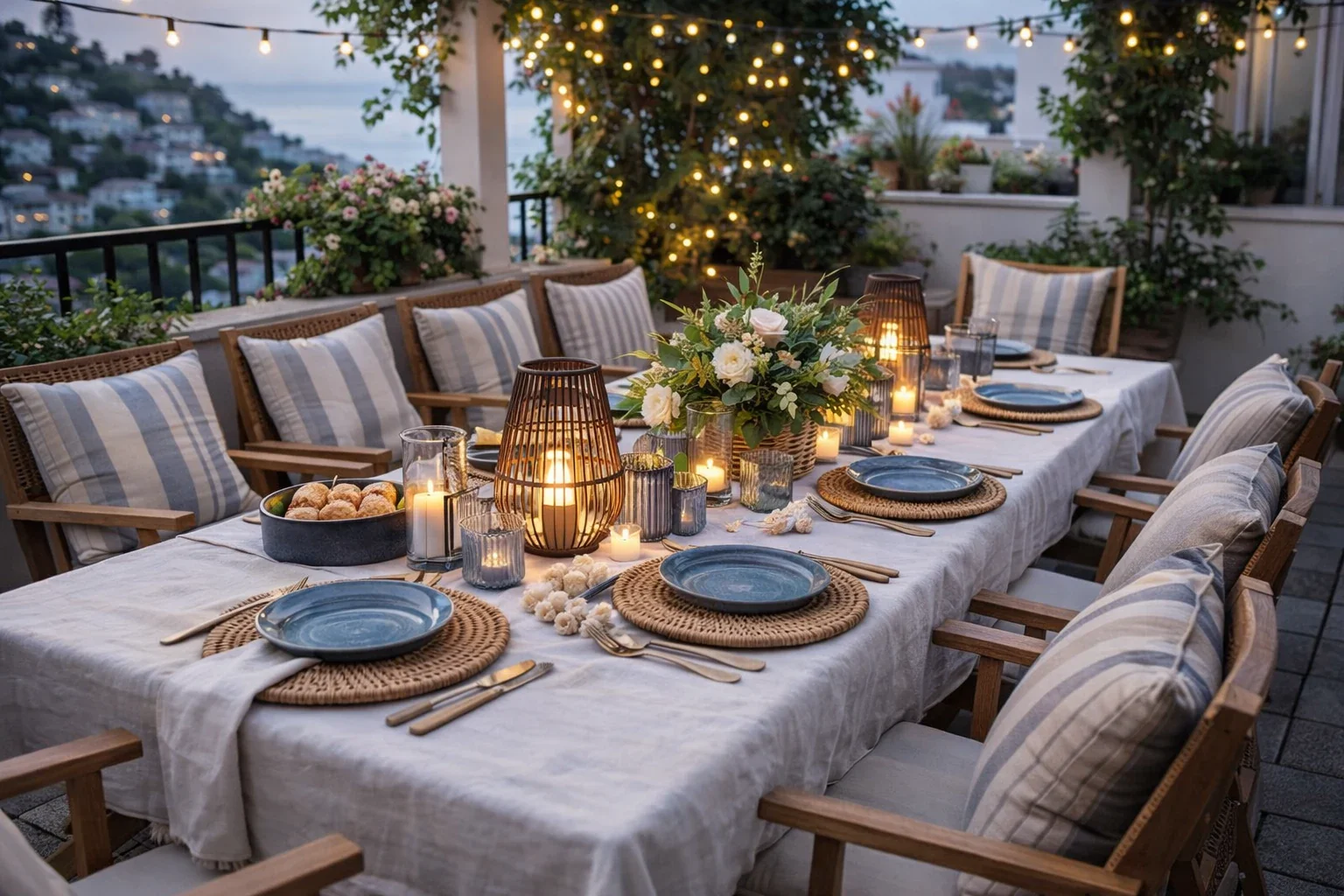 Stilvoll gedeckter Balkon-Tisch im Sommer während der Golden Hour