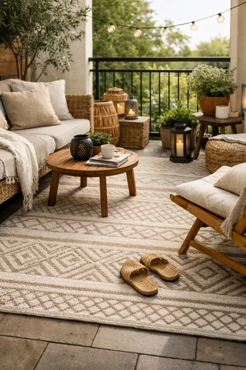 Gemütlicher Balkon mit Outdoor-Teppich, Rattanmöbeln und Laternen