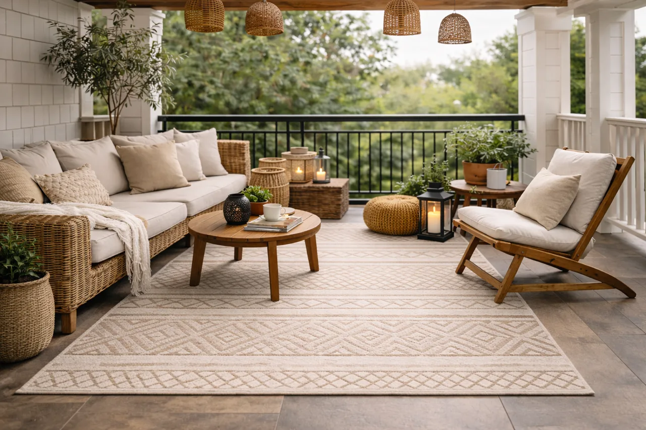 Gemütliche Terrasse mit großem Outdoor-Teppich in Naturtönen