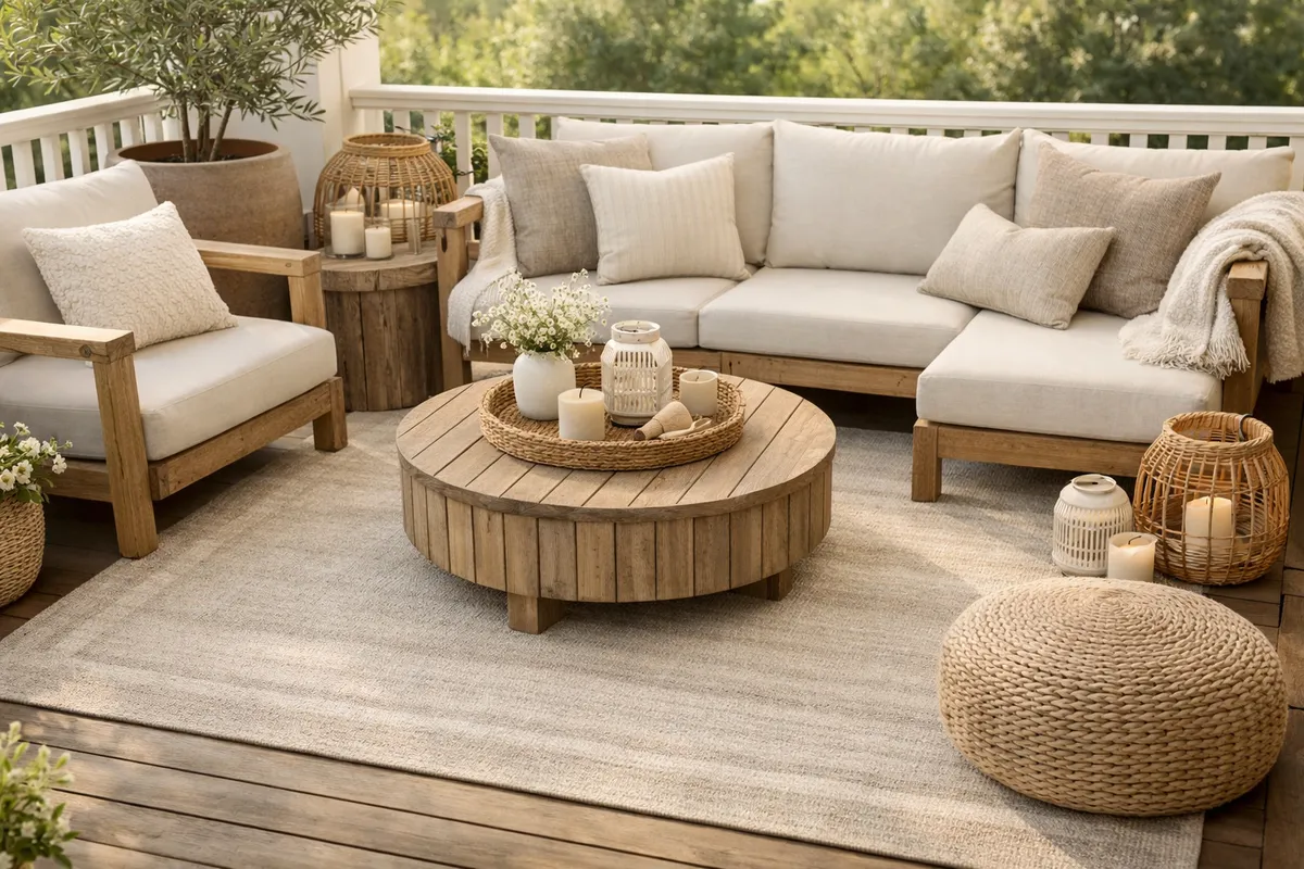 Stilvoller Balkon mit Outdoor-Teppich in warmen Naturtönen