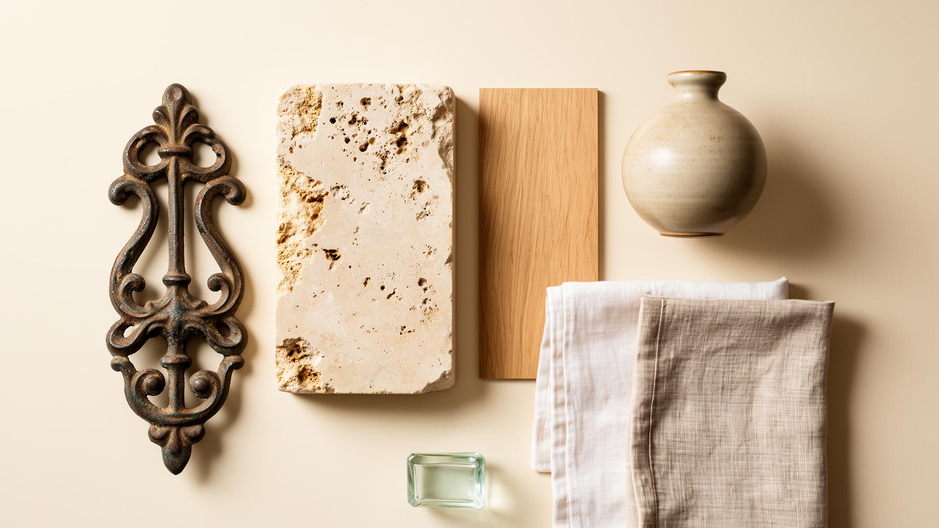 Paris Chic Materialien: Schmiedeeisen, Naturstein, helles Holz, Keramik, Leinen