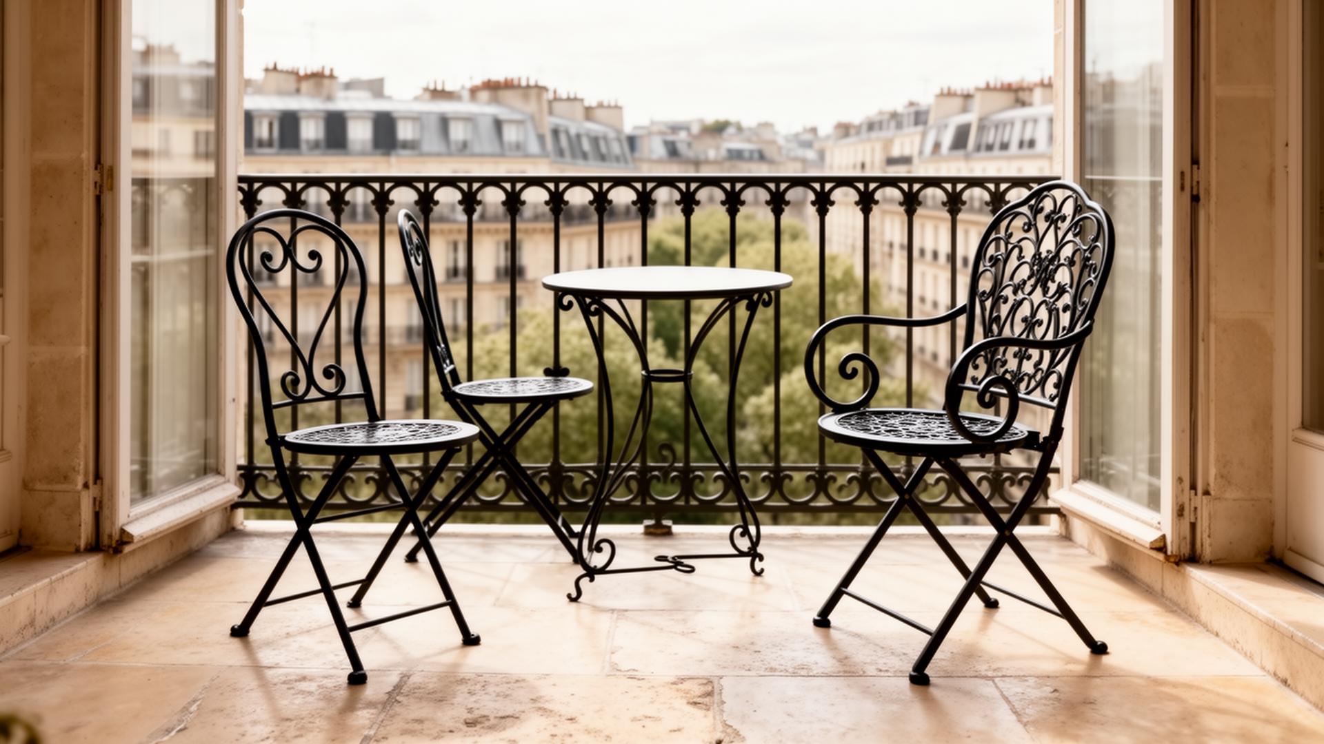 Paris Chic Möbel: schmiedeeiserne Bistrostühle und runder Tisch auf einem Pariser Balkon