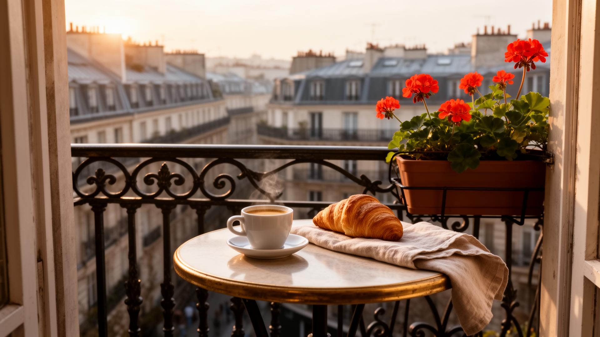 Ruhiger Pariser Morgen auf einem Balkon mit Espresso und Croissant