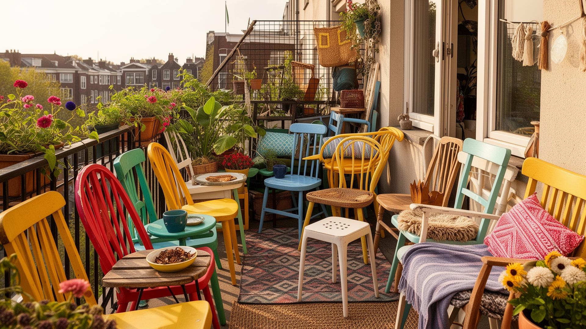 Überfüllter Balkon mit zu vielen mismatched Stühlen und unruhigen Farben