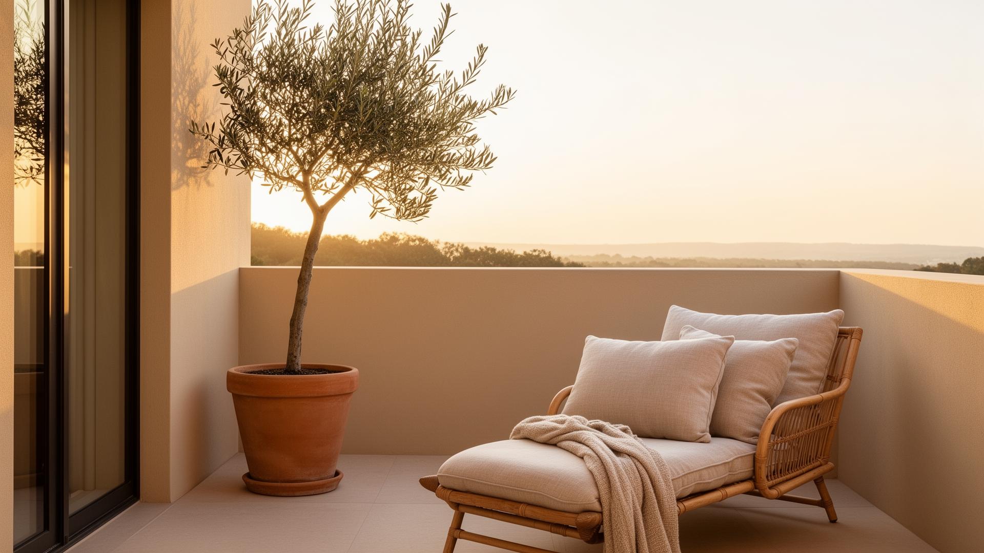 Stilvoll geplanter, minimalistischer Balkon im warmen Abendlicht mit Olivenbaum