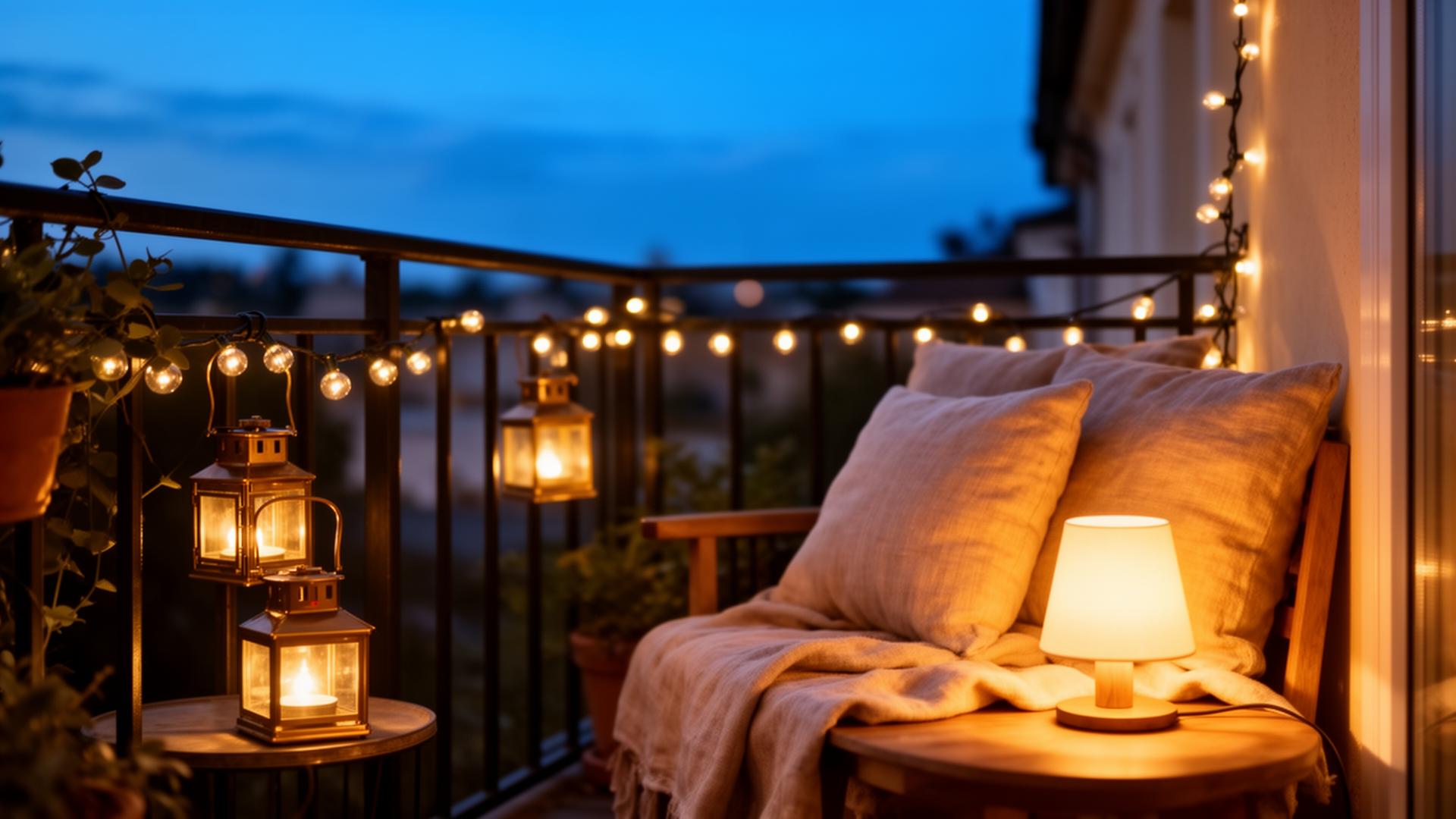 Gemütlicher Balkon am Abend mit Laternen, Tischlampe und warmen Lichterketten