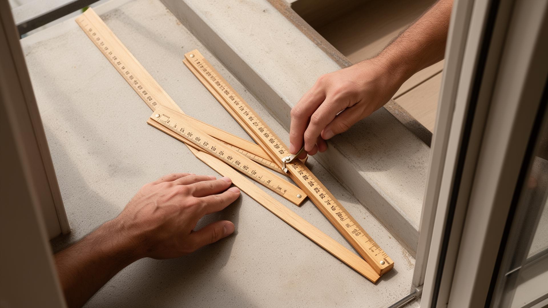 Hände messen einen schmalen Balkonboden mit einem Holz-Zollstock