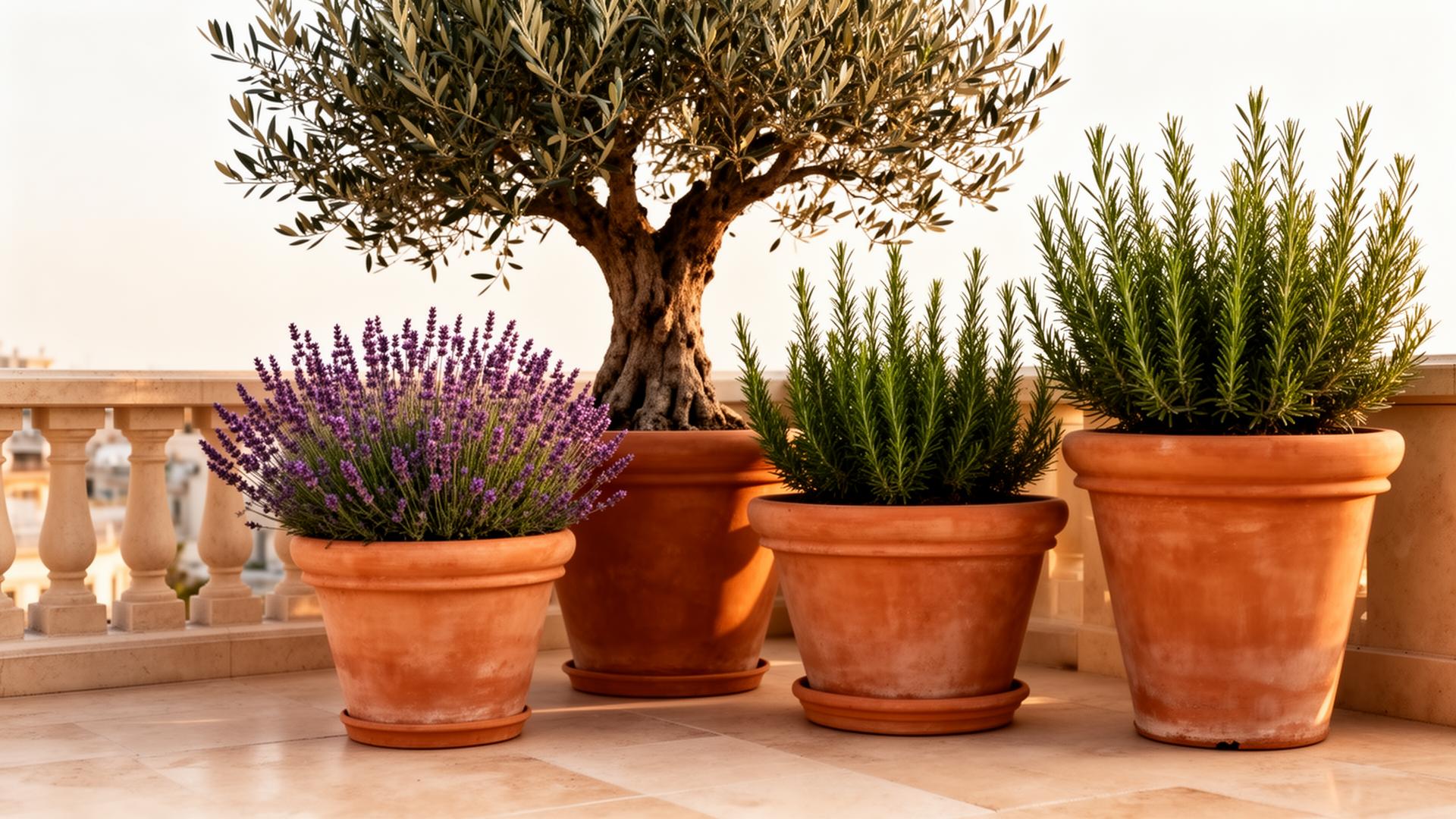 Planst balkon – Elegantes Pflanzenarrangement mit Olive, Lavendel und Rosmarin in Terrakotta-Töpfen
