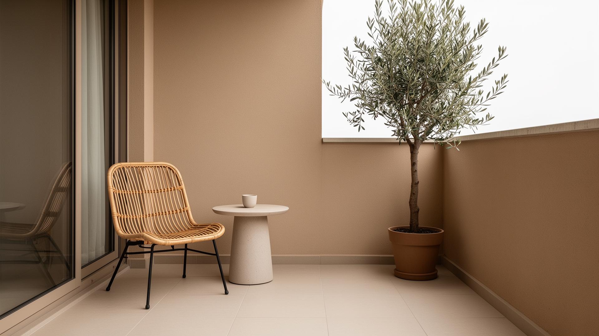 Minimalistischer Balkon mit nur einem Rattansessel und Olivenbaum