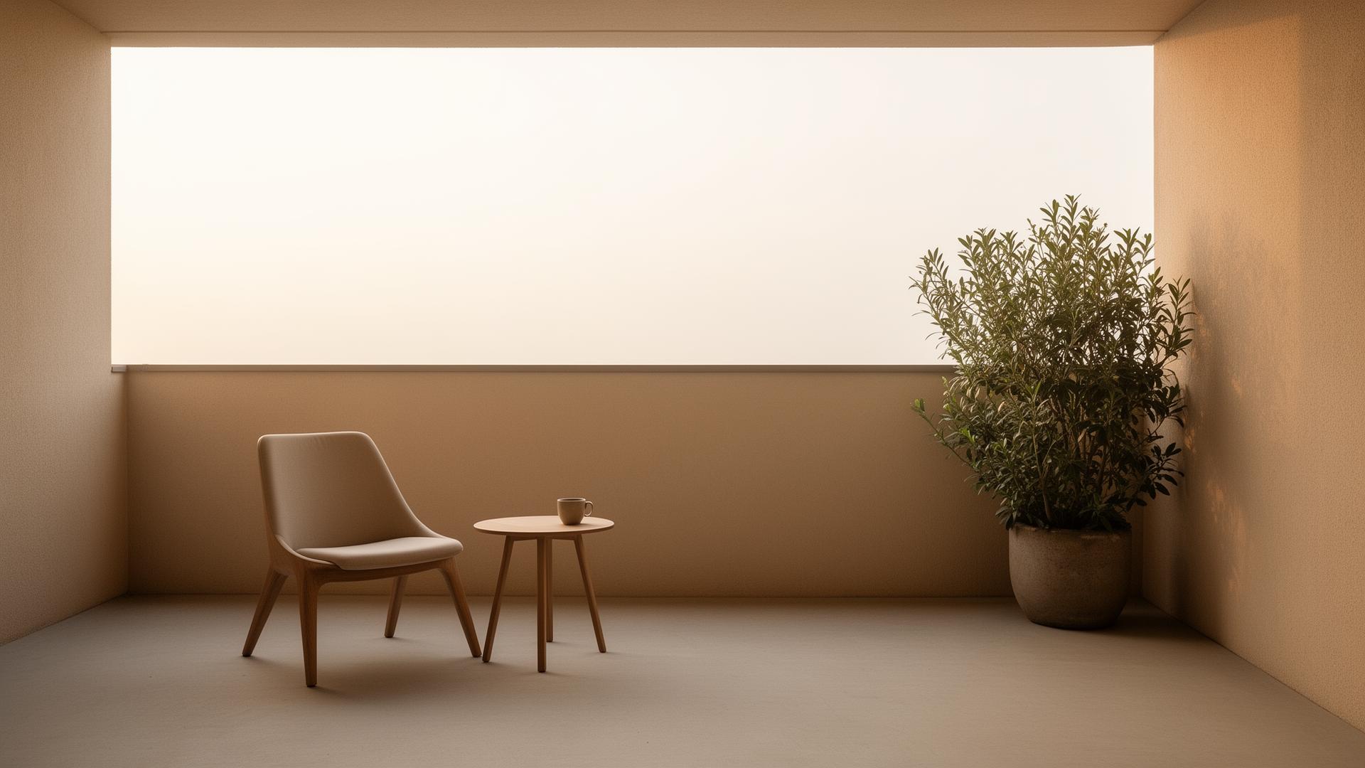 Ruhiger, minimalistischer Balkon mit nur einem Stuhl und einer Pflanze – viel freie Fläche