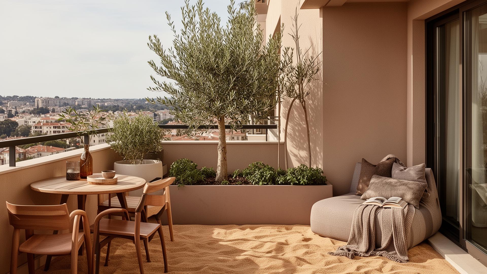 Stilvoller Balkon mit klar getrennten Zonen für Essen, Pflanzen und Lesen