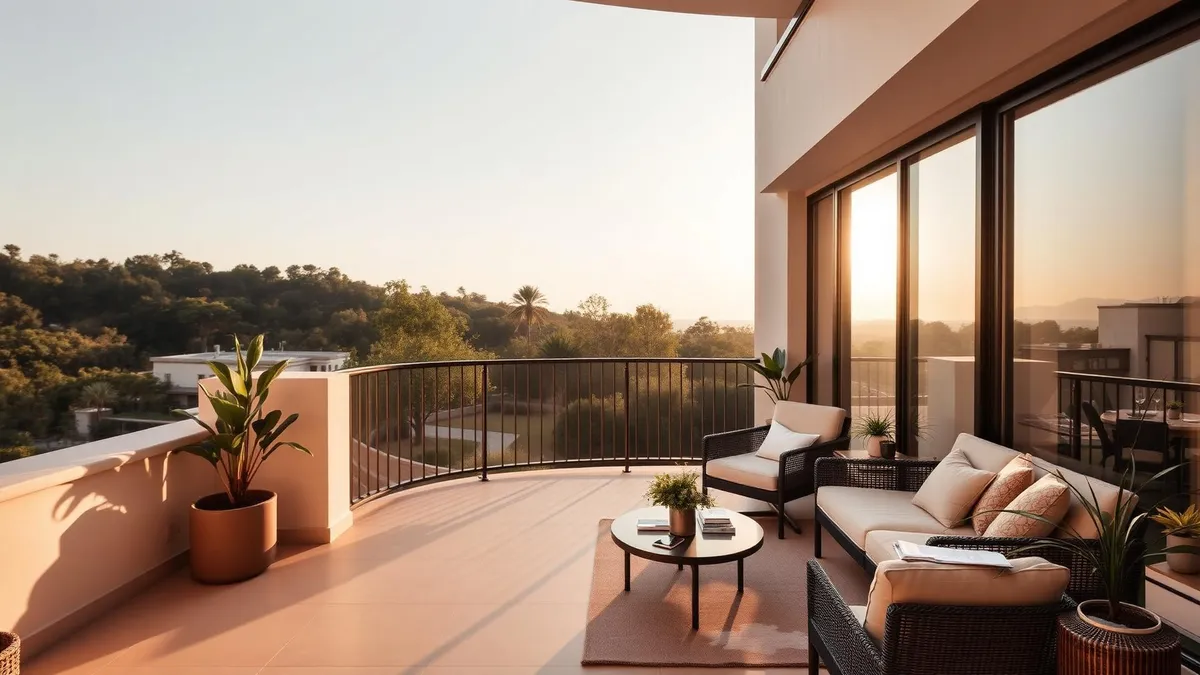 Planung recht – Stilvoll eingerichteter Balkon mit warmem Licht und moderner Einrichtung