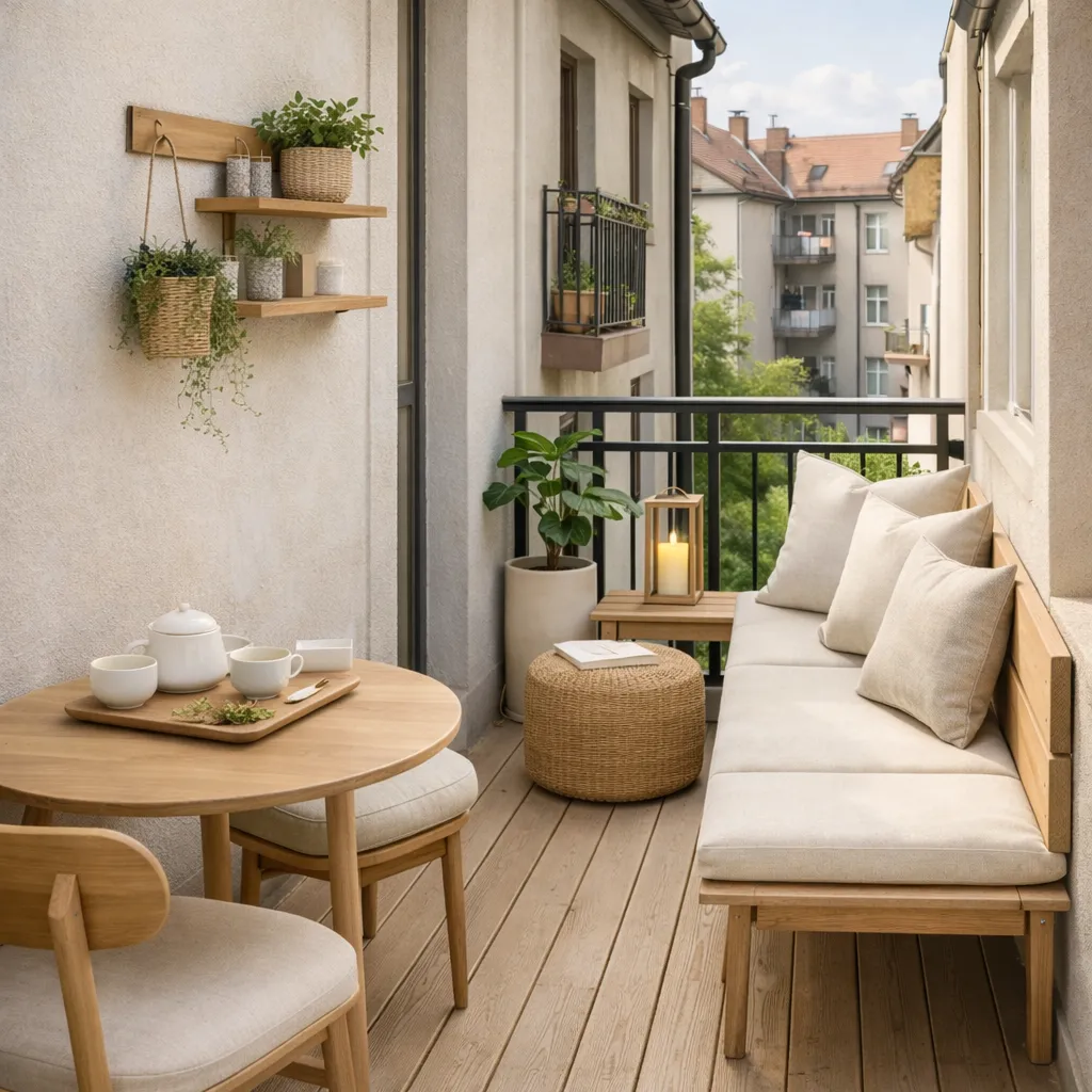 Heller schmaler Balkon mit optisch verbreiternden Elementen