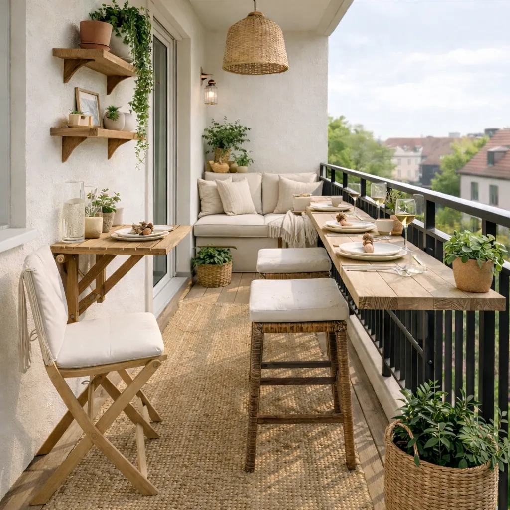 Schmaler Balkon mit Geländertisch und Hockern zum Essen