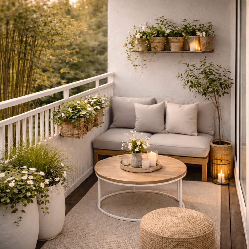 Perfekt gestalteter schmaler Balkon bei Sonnenuntergang