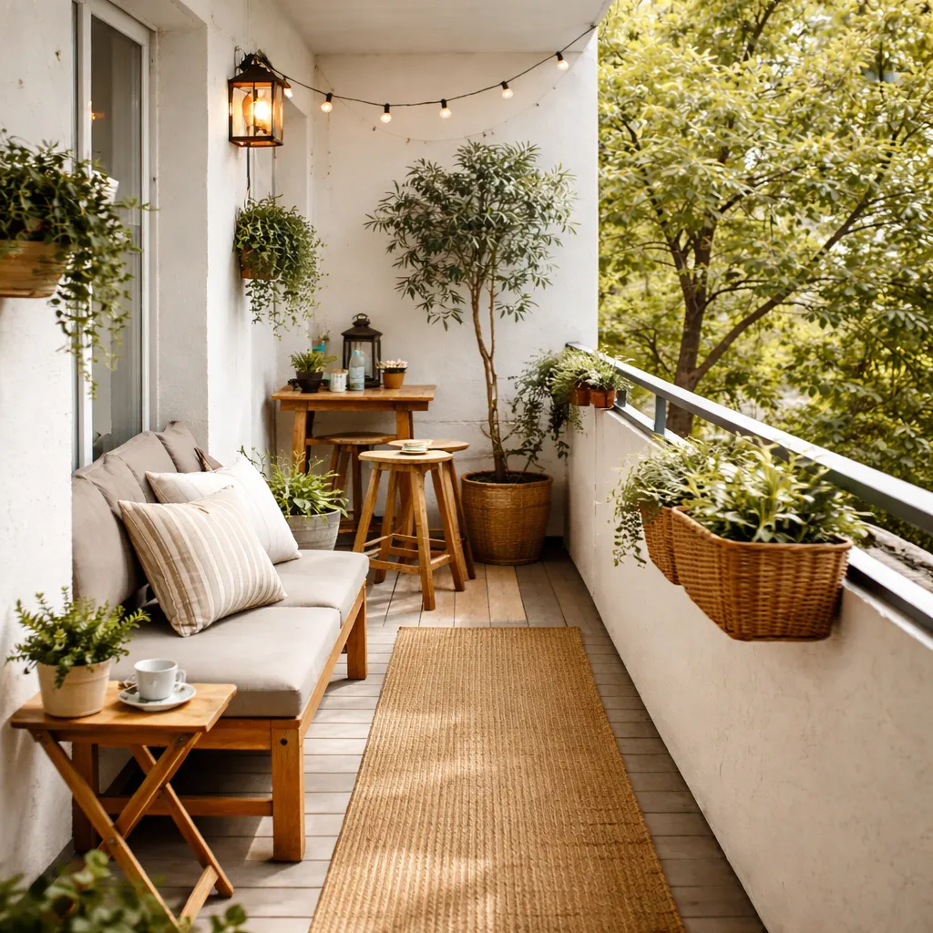 Schmaler Balkon mit Möbeln entlang der Wand