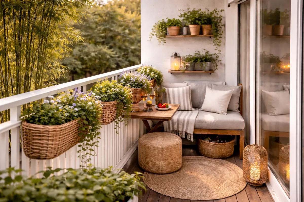 Hängende Pflanzen und vertikale Begrünung auf schmalem Balkon