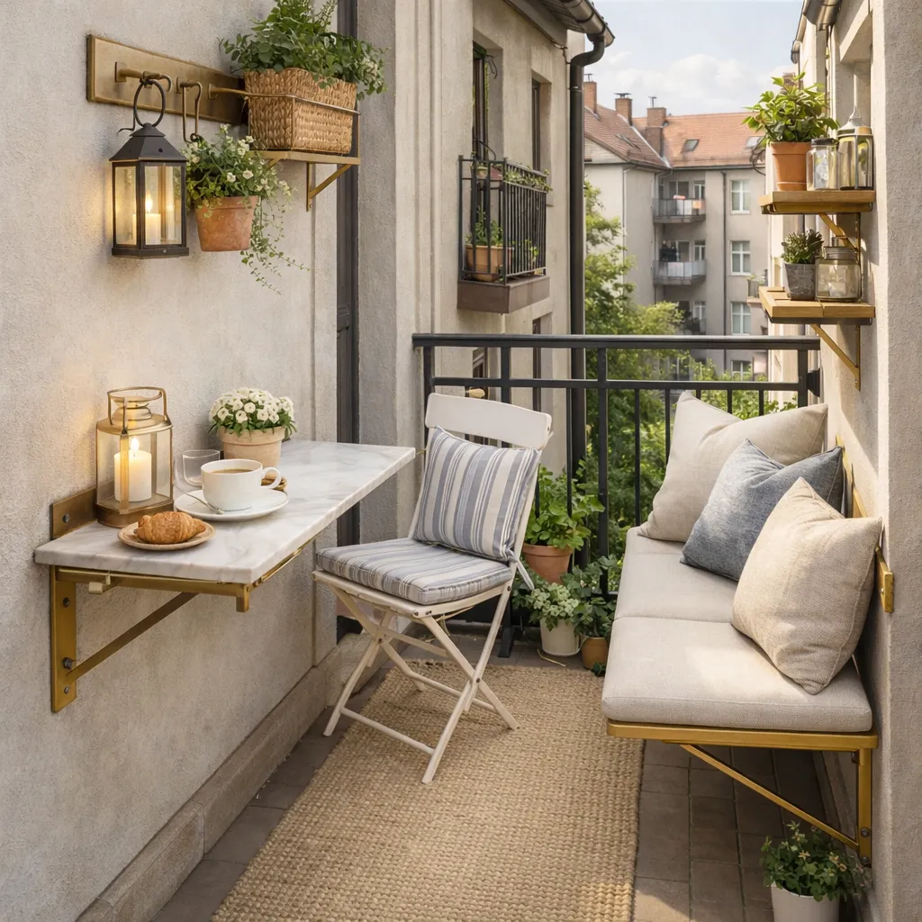 Schmaler Balkon mit klappbarem Tisch und Wandregal