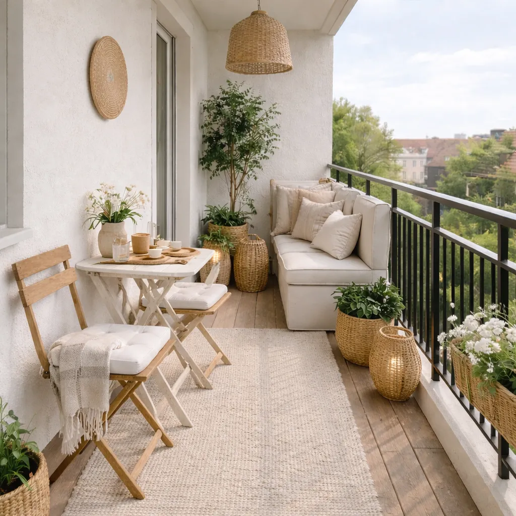 Ultra-minimaler schmaler Balkon mit wenigen ausgewählten Elementen