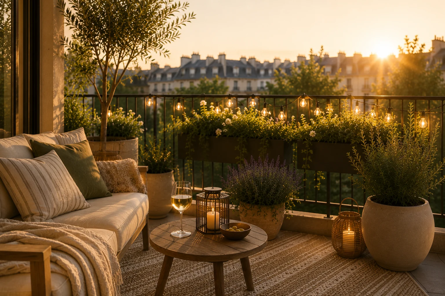 Komplett gestylter Balkon zur goldenen Stunde
