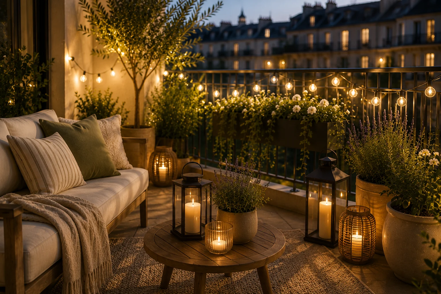 Lichterketten und Laternen auf einem Balkon zur blauen Stunde