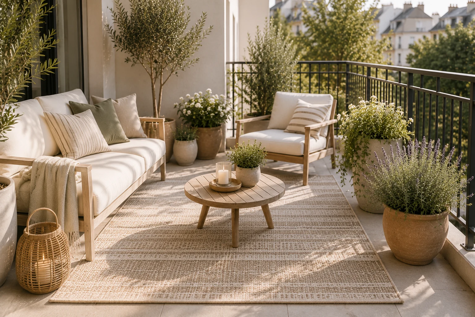 Natürlicher Outdoor-Teppich auf einem stilvollen Balkon