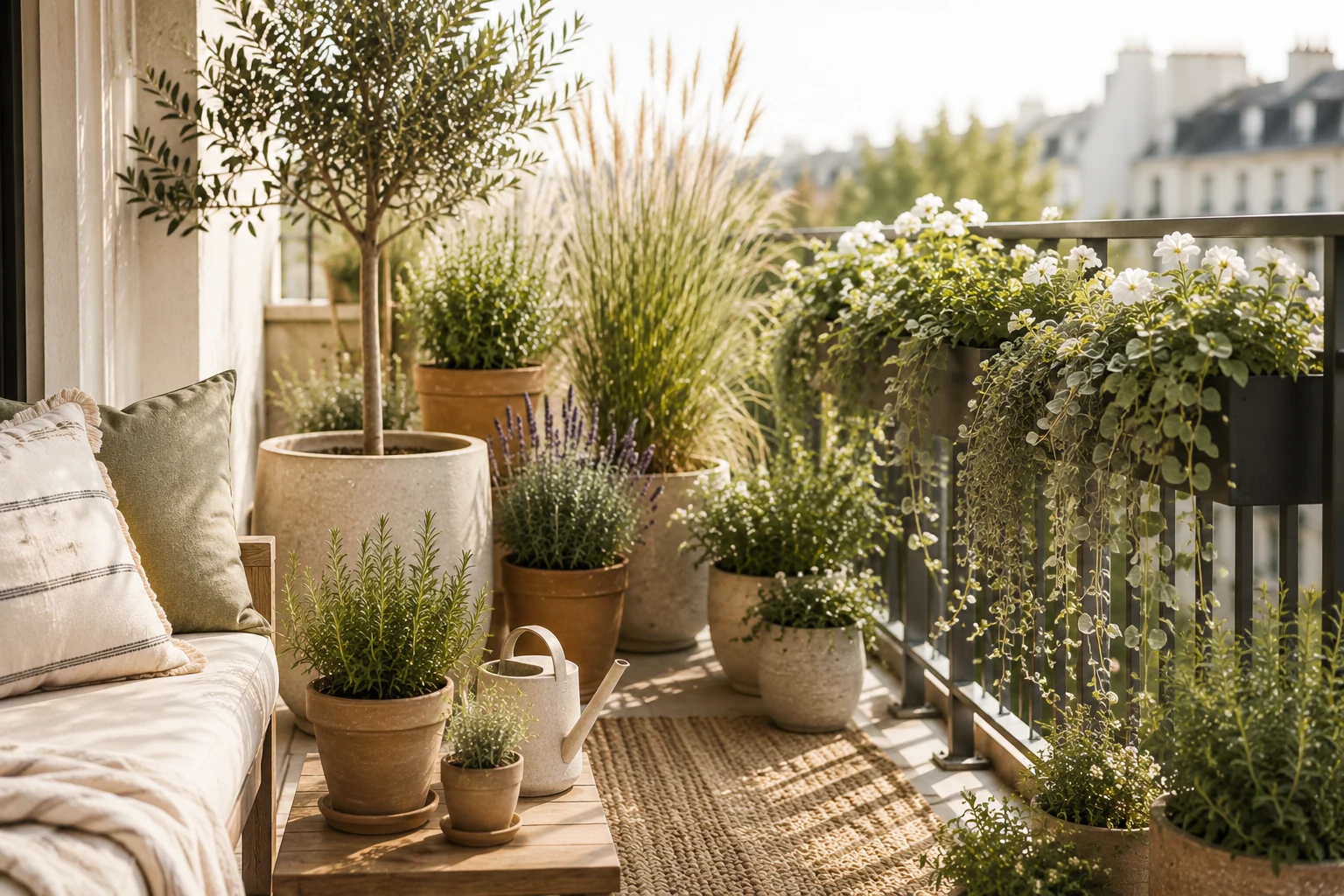 Balkon schnell – Olivenbaum, Lavendel und Gräser in Terrakotta-Töpfen